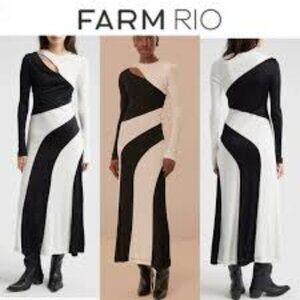 FARM Rio Elegant Black And White Cut-Out Detail Long Sleeve Midi Maxi Dress M